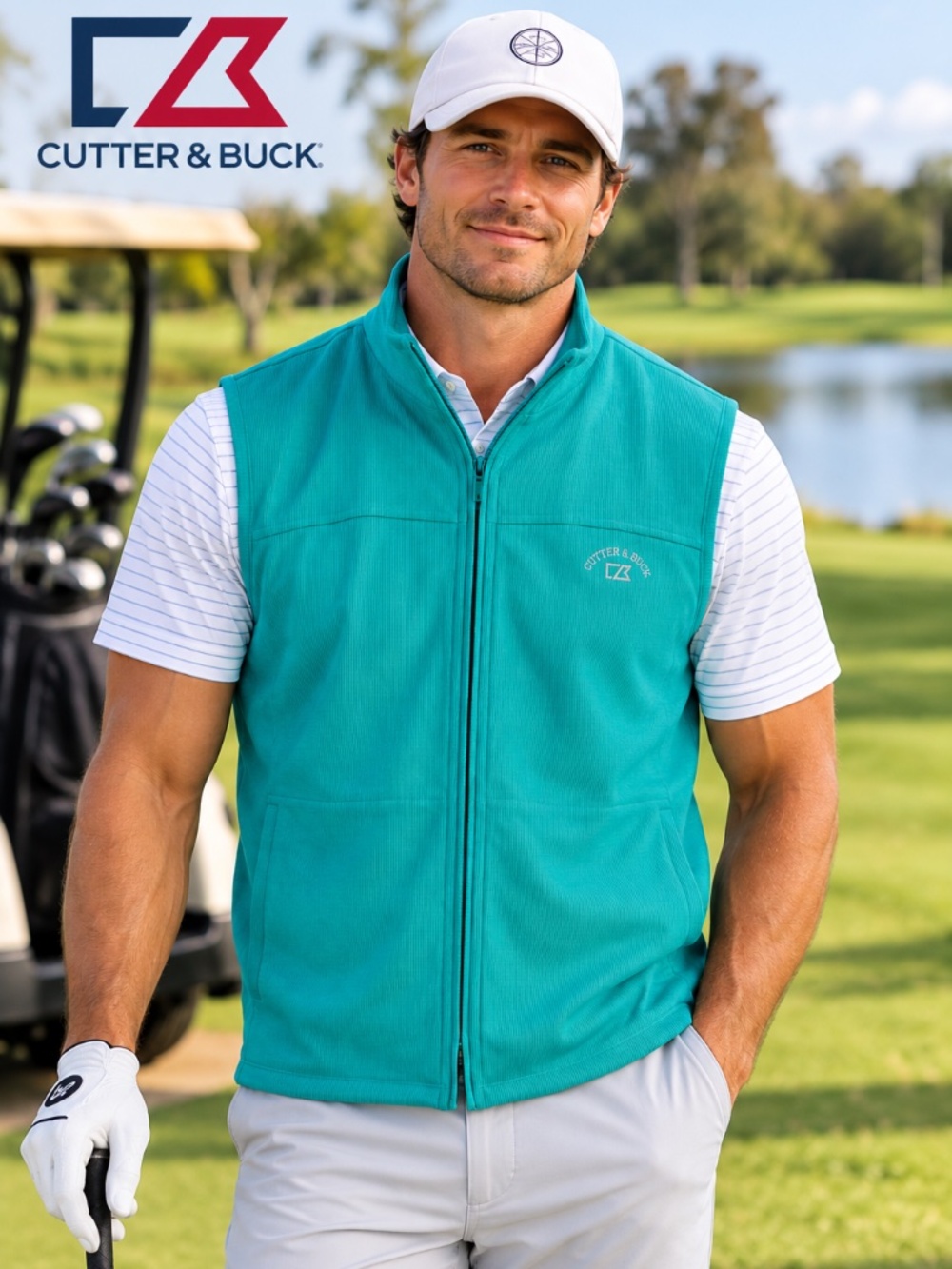 Cutter & Buck vintage teal ribbed piqué zip-up golf vest